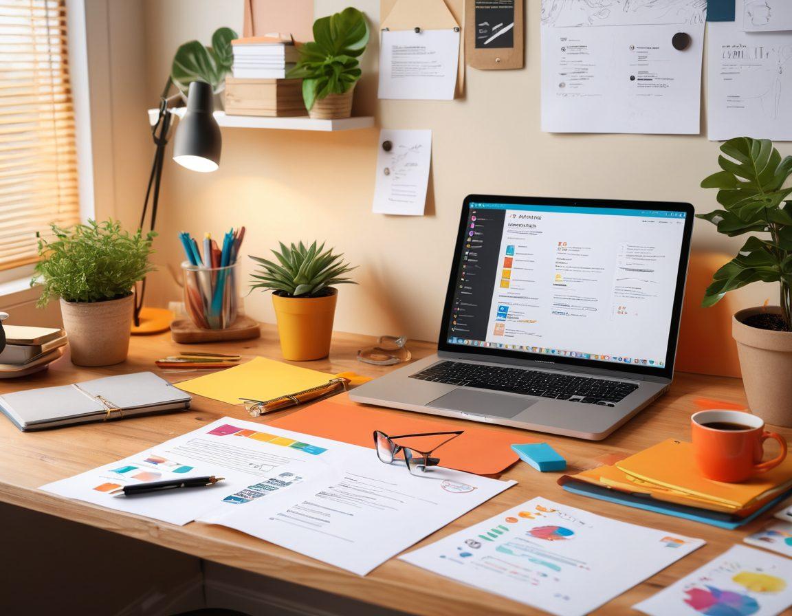 A creative workspace featuring a designer meticulously crafting a personalized resume, surrounded by colorful templates, design tools, and a laptop displaying design software. Include elements like a coffee cup, sketches, and a plant for a cozy atmosphere. The scene should convey a sense of inspiration and professionalism. super-realistic. vibrant colors. soft lighting.